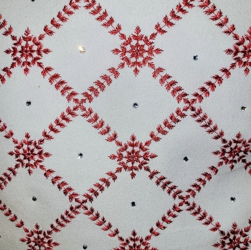 Enchanté Accessories White Red Embroidered Snowflakes Rhinestones Pompom Pillow